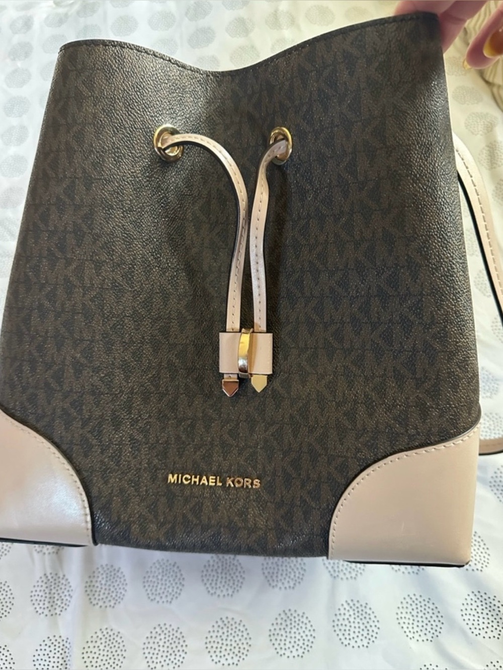 Michael Kors Brown Monogram Drawstring Brown  Bucket Bag with Pale Pink Trim